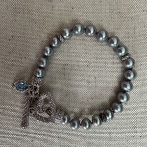 Judith Ripka Silver Gray Pearl Bracelet w/ Blue Topaz Charm & Heart Toggle Clasp